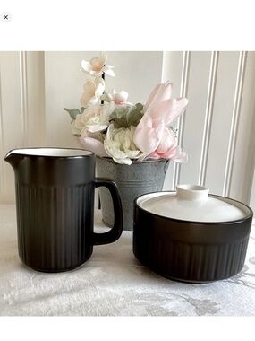 Vintage Rare 1960’s Mikasa Terra Stone Ink Black Creamer Pitcher and Sugar Bowl